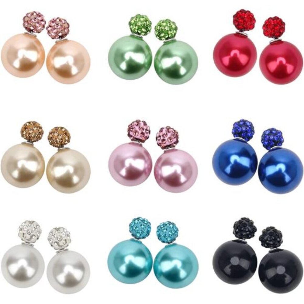 9 Pairs Bling Rhinestone Polymer Clay Studs Pearl Button Earrings, Double